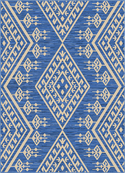 Cascade Tribal Diamond Pattern Indoor/Outdoor Blue Flat-Weave Rug MED-194