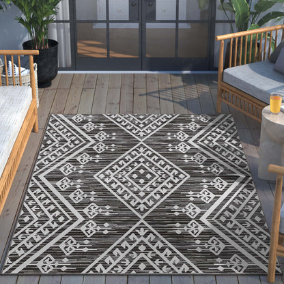 Cascade Tribal Diamond Pattern Indoor/Outdoor Grey Flat-Weave Rug MED-197