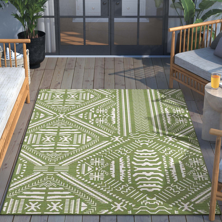 Khalo Tribal Indoor/Outdoor Green Flat-Weave Rug MED-225