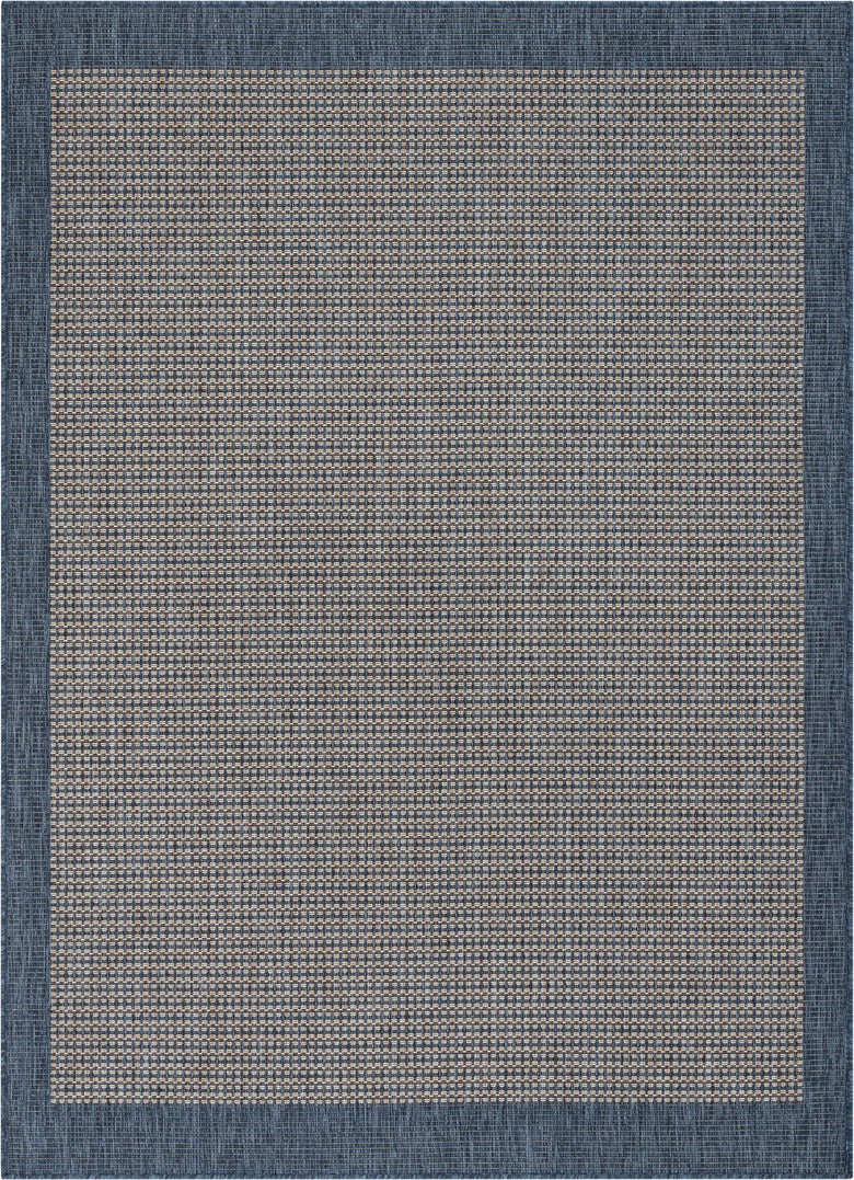 Odin Solid & Striped Border Indoor Outdoor Blue Flatweave Rug MED-34