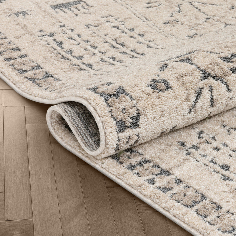 Marina Tribal Geometric Pattern Beige Distressed High-Low Rug MG-162
