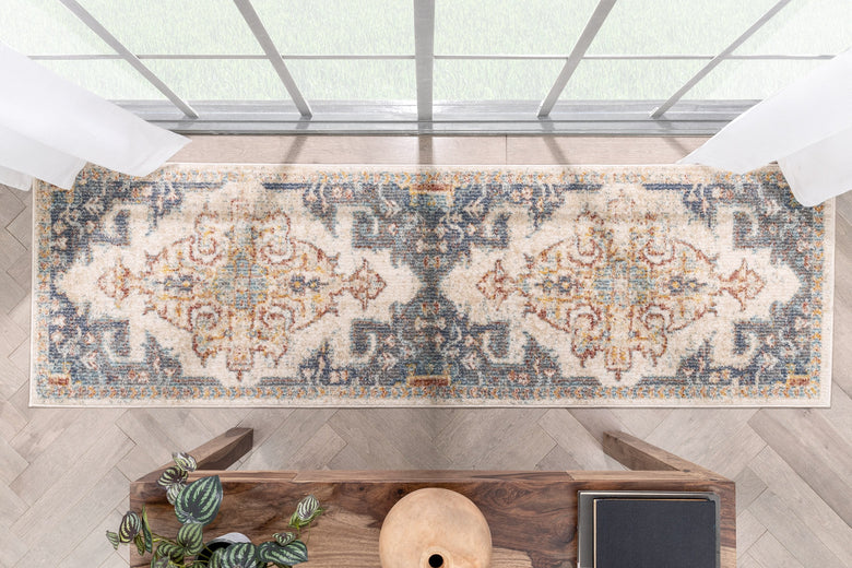 Lyon Vintage Bohemian Medallion Oriental Botanical Ivory Blue Rug MIR-22