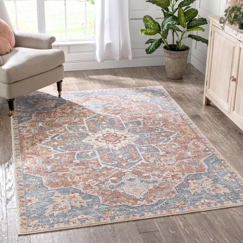 Amiens Vintage Bohemian Medallion Oriental Botanical Blue Red Rust Rug MIR-34