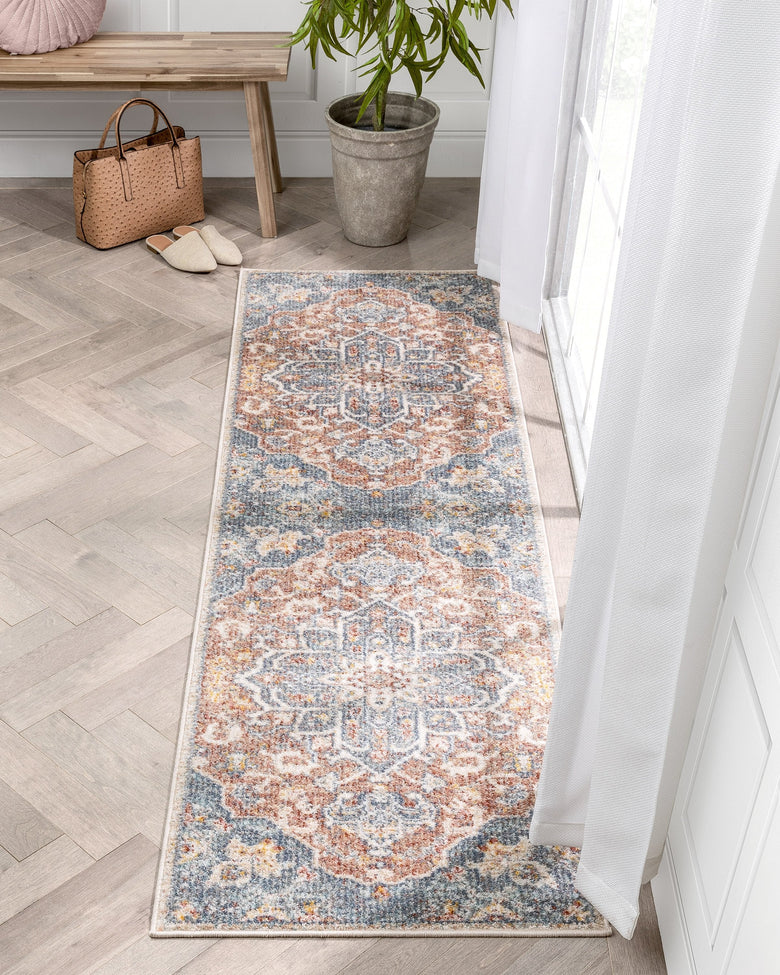 Amiens Vintage Bohemian Medallion Oriental Botanical Blue Red Rust Rug MIR-34