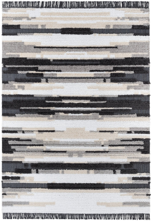 Tiva Tribal Geometric Stripes Grey High-Low Textured Pile Rug MYA-57