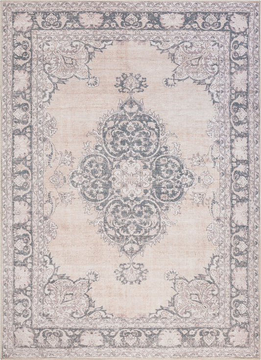 Tarifa Vintage Bohemian Medallion Beige Machine Washable Rug NIL-02