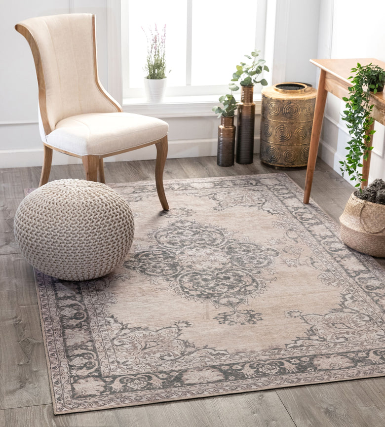 Tarifa Vintage Bohemian Medallion Beige Machine Washable Rug NIL-02