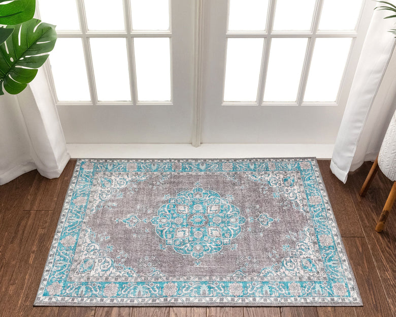 Tarifa Vintage Bohemian Medallion Light Blue Machine Washable Rug NIL-06