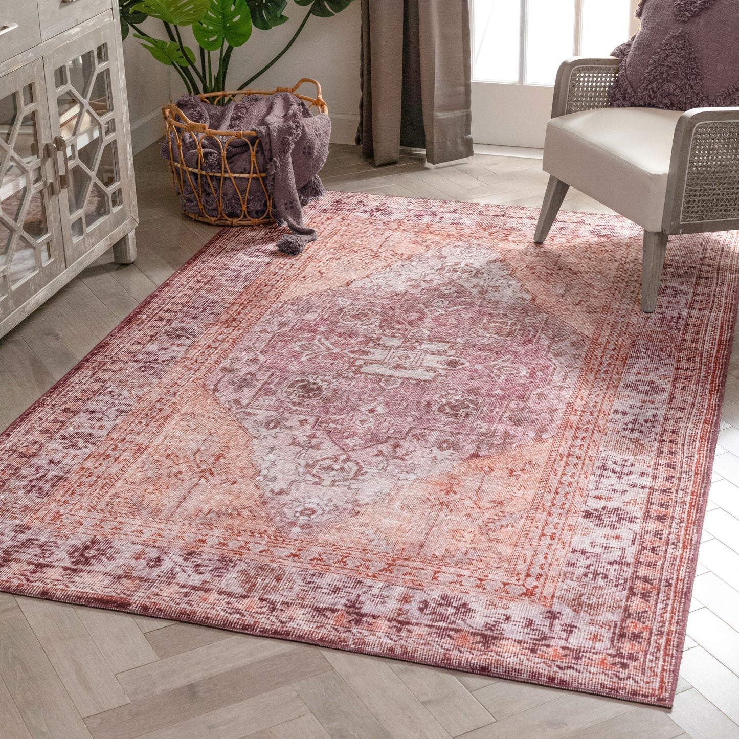 Gila Machine Washable Vintage Bohemian Medallion Oriental Purple Flat-Weave Distressed Rug NIL-18