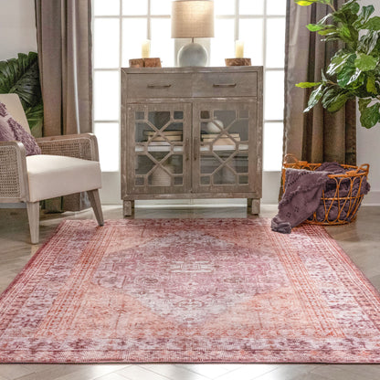 Gila Machine Washable Vintage Bohemian Medallion Oriental Purple Flat-Weave Distressed Rug NIL-18