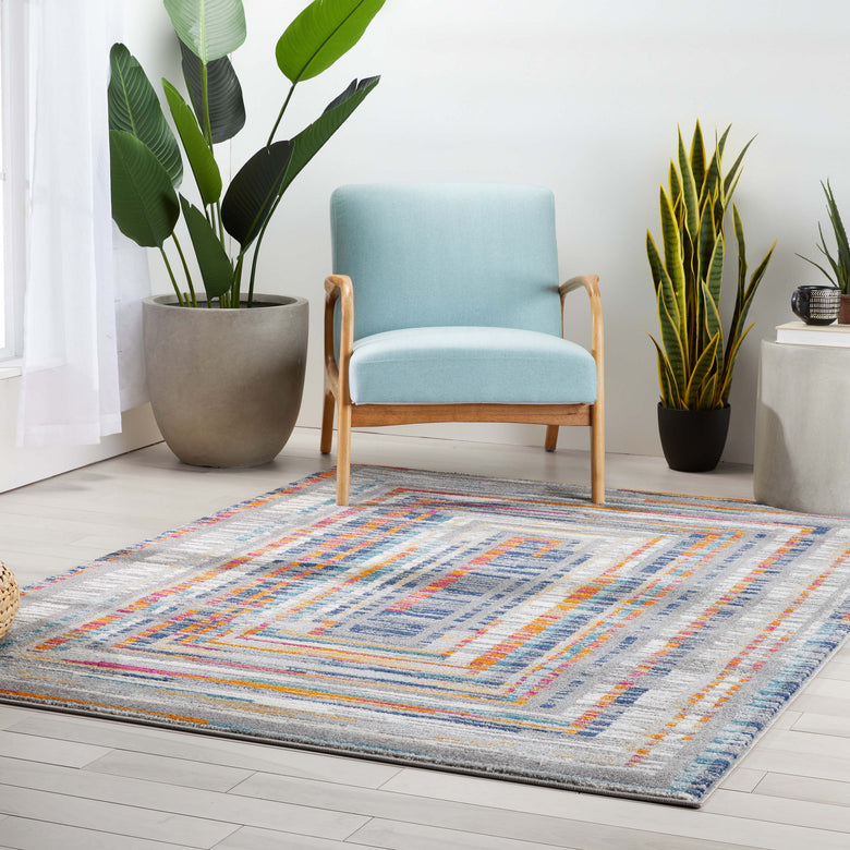 Merle Modern Geometric Border Light Blue Rug PAL-56