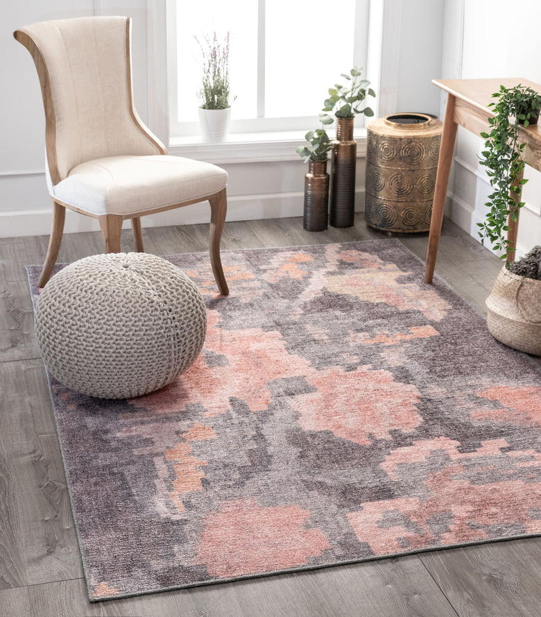 Flore Country Floral Grey Blush Pink Machine Washable Rug PSH-37