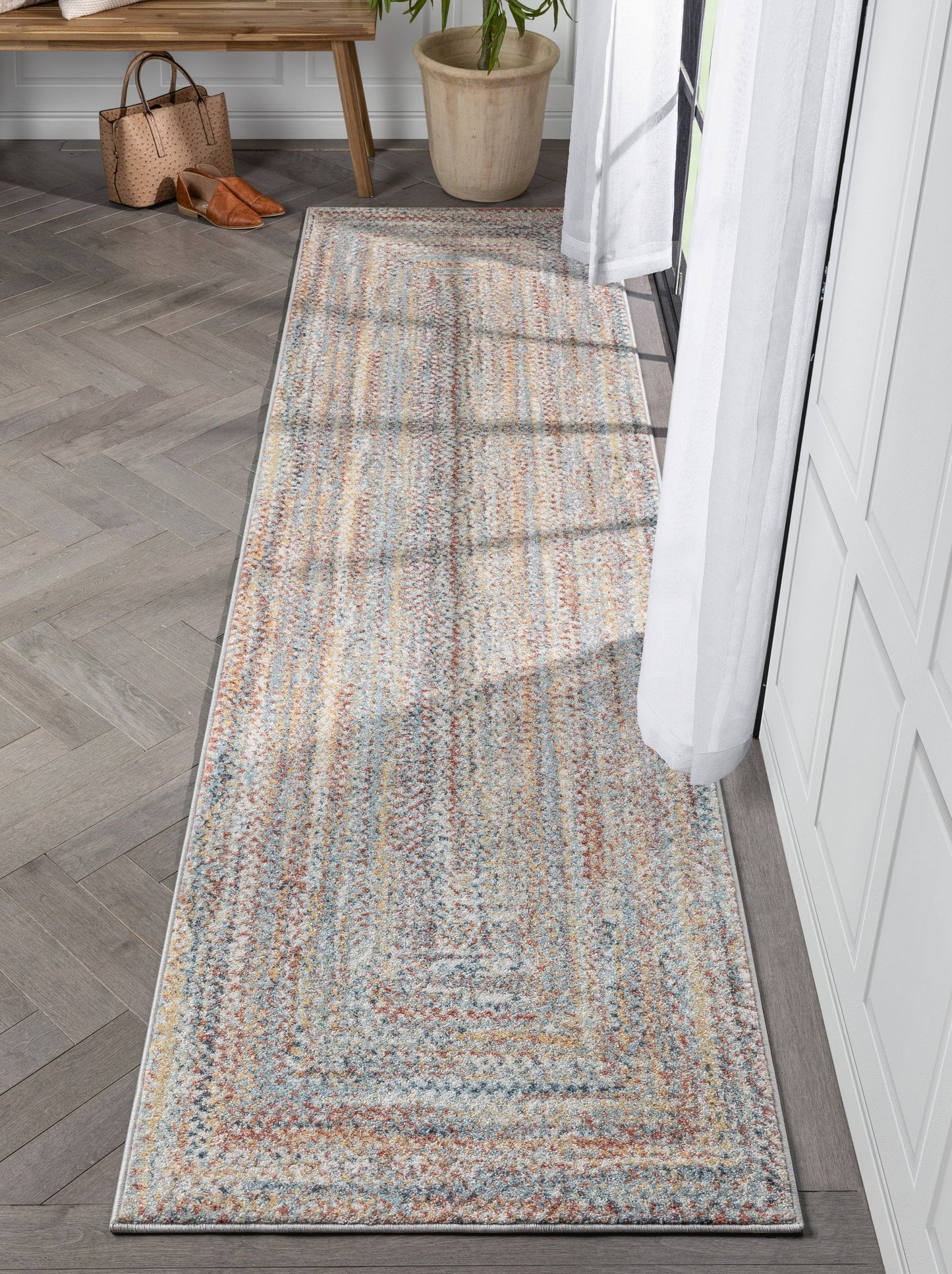 Chindi Bohemian Vintage Solid & Striped Multi-Color Light Blue Green Braided Pattern Rug RO-316