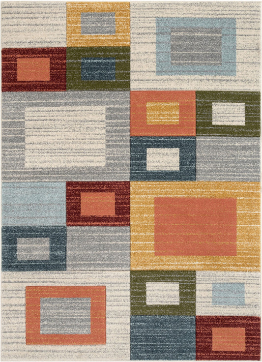 Tango Mid-Century Modern Geometric Squares Multi Distressed High-Low Rug RU-111