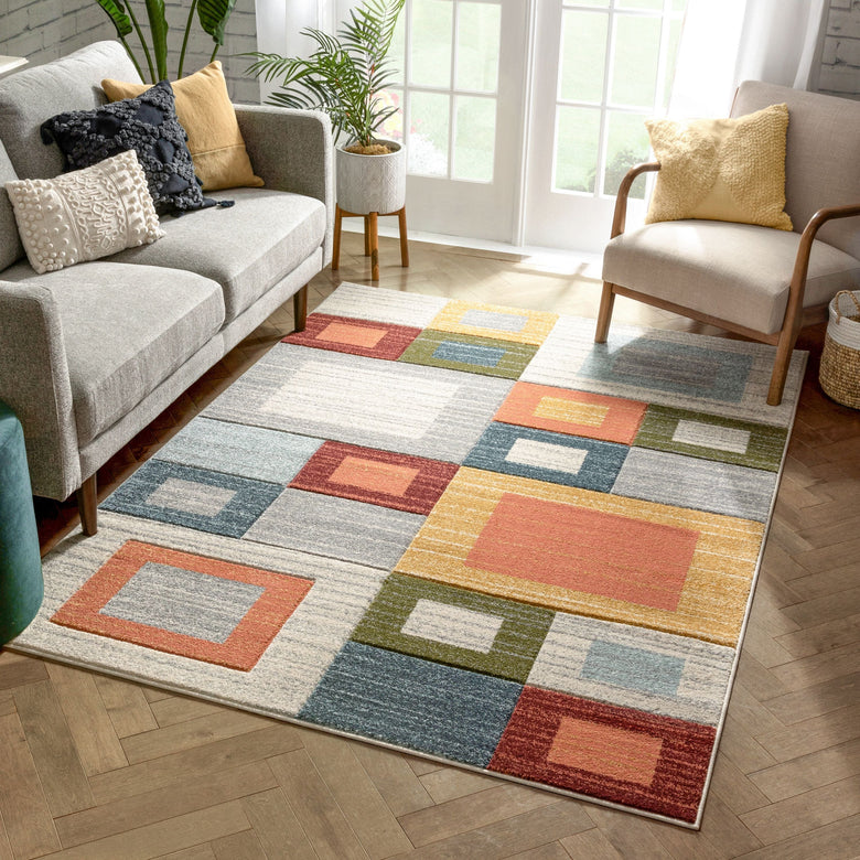 Tango Mid-Century Modern Geometric Squares Multi Distressed High-Low Rug RU-111