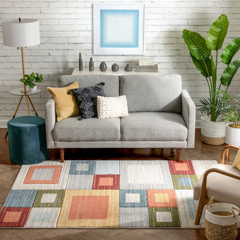 Tango Mid-Century Modern Geometric Squares Multi Distressed High-Low Rug RU-111
