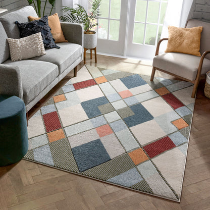 Rumba Mid-Century Modern Geometric Diamond Shapes Multi Distressed High-Low Rug RU-151