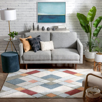 Rumba Mid-Century Modern Geometric Diamond Shapes Multi Distressed High-Low Rug RU-151