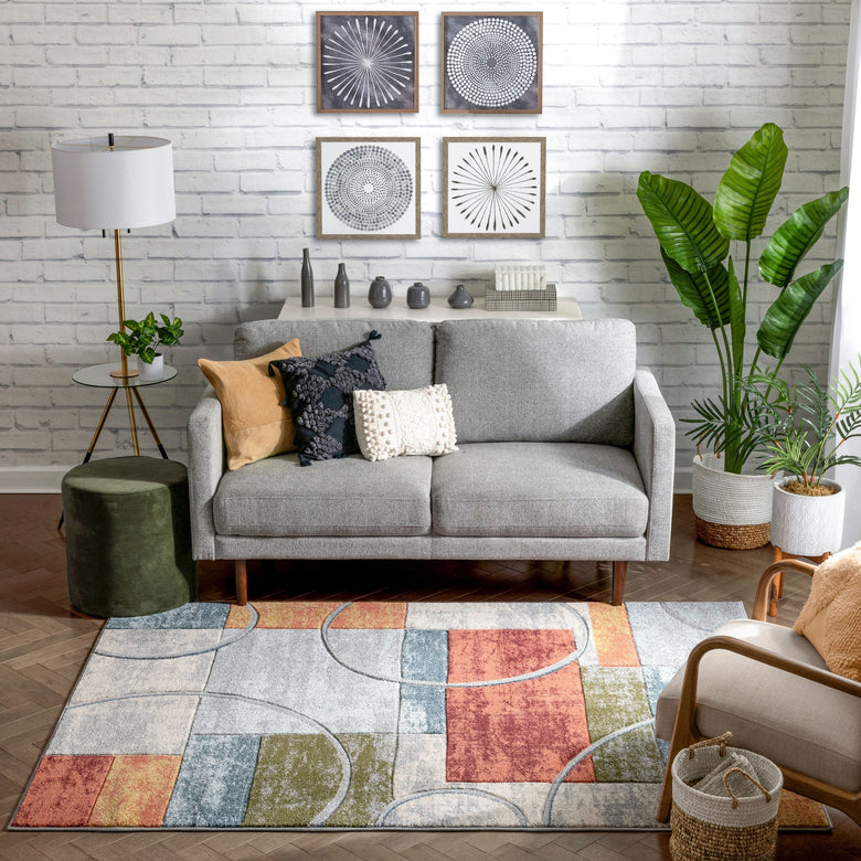 Jive Modern Abstract Geometric Arcs & Shapes Multi Distressed High-Low Rug RU-161