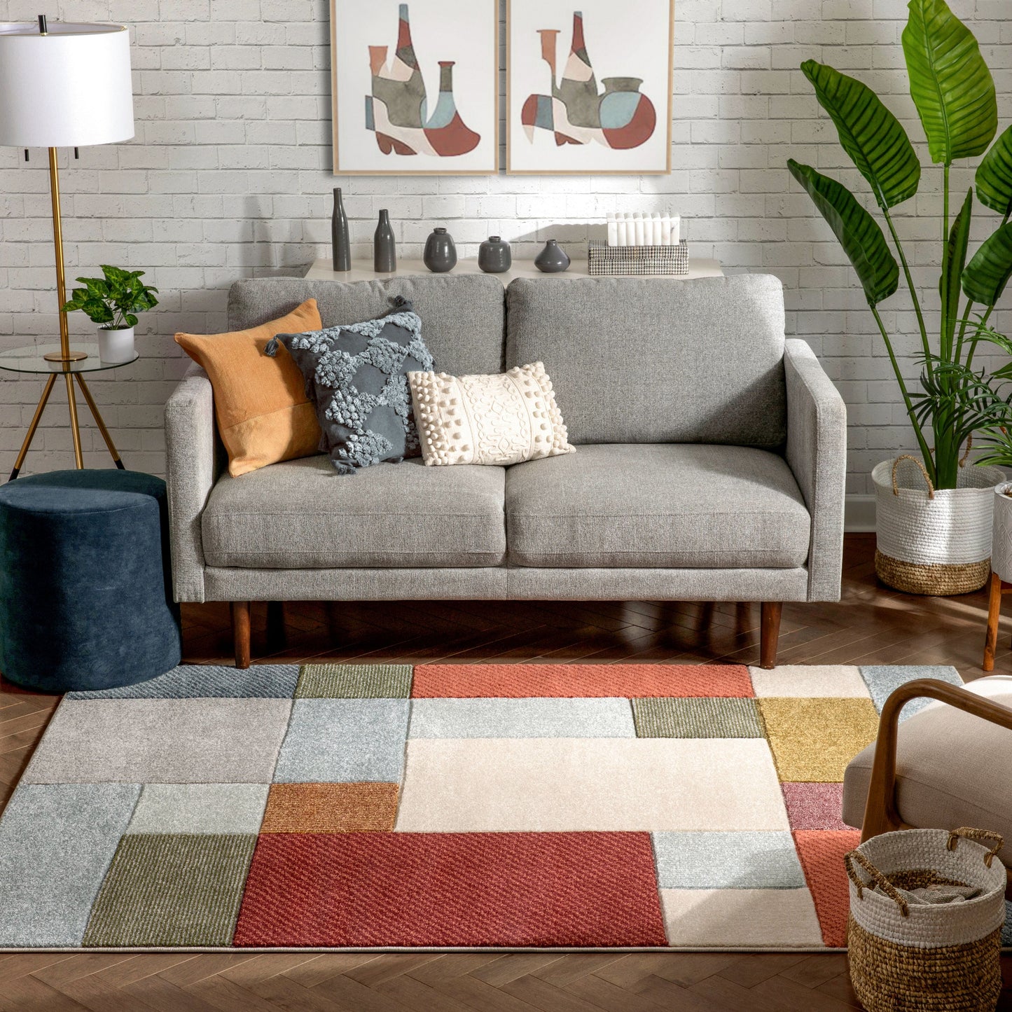 Addy Mid-Century Modern Geometric Squares Multi Distressed High-Low Rug RU-211