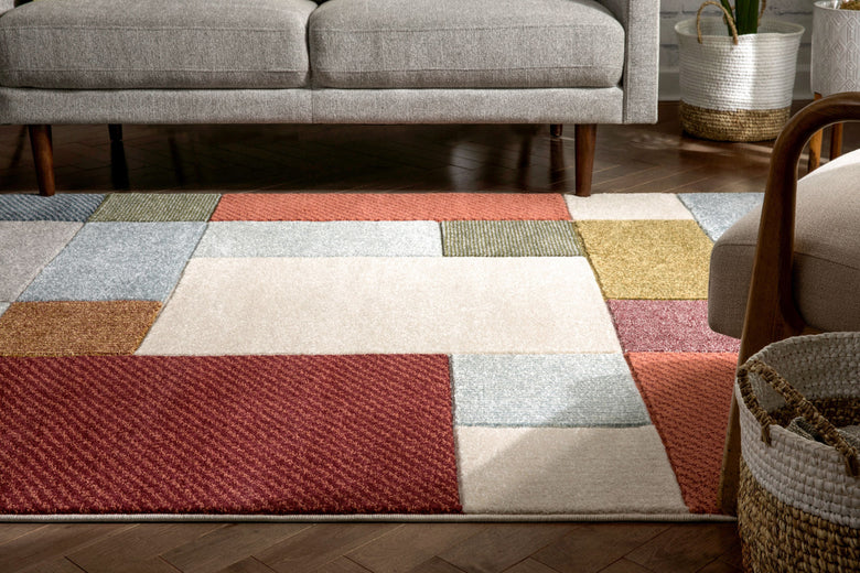 Addy Mid-Century Modern Geometric Squares Multi Distressed High-Low Rug RU-211