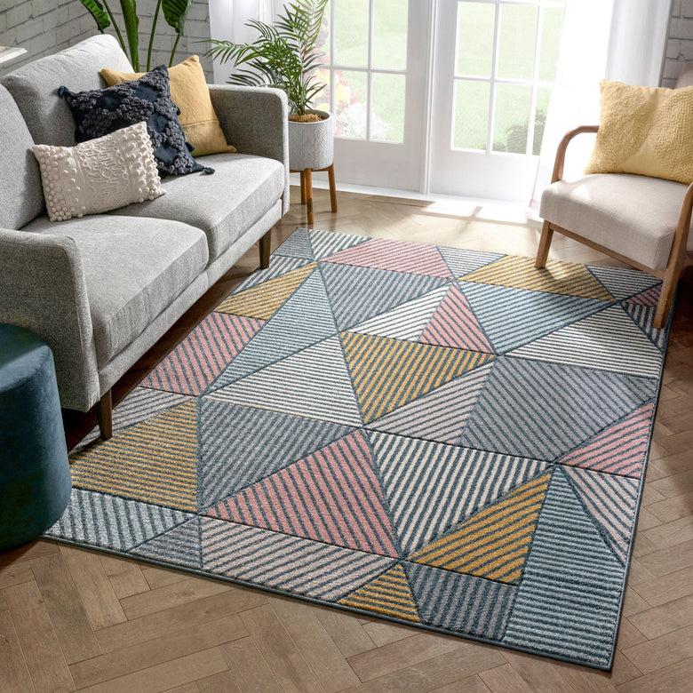 Lela Mid-Century Modern Geometric Traingle & Lines Multi Distressed High-Low Rug RU-241