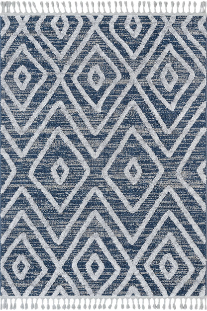 Willow Moroccan Lattice Trellis Blue High-Low Textured Rug SAL-24