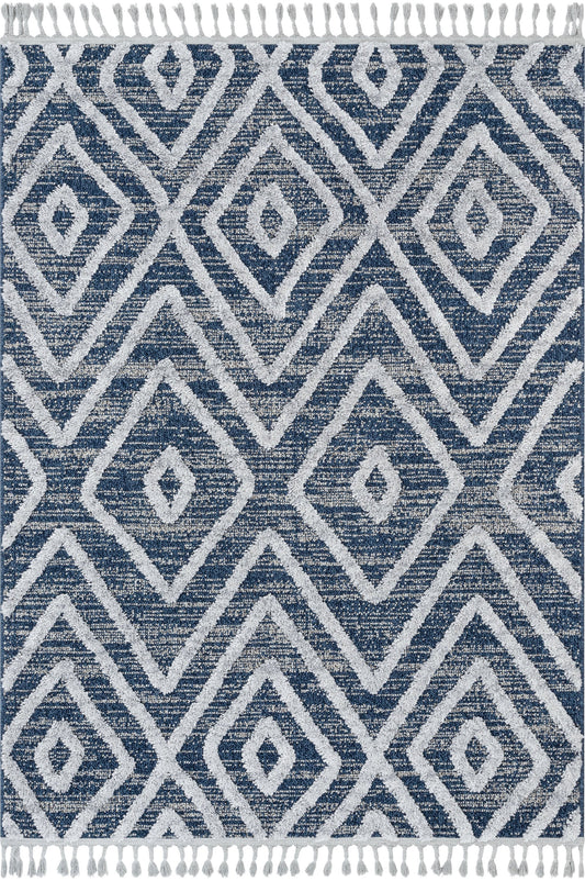 Willow Moroccan Lattice Trellis Blue High-Low Textured Rug SAL-24