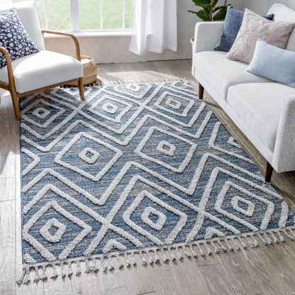 Willow Moroccan Lattice Trellis Blue High-Low Textured Rug SAL-24