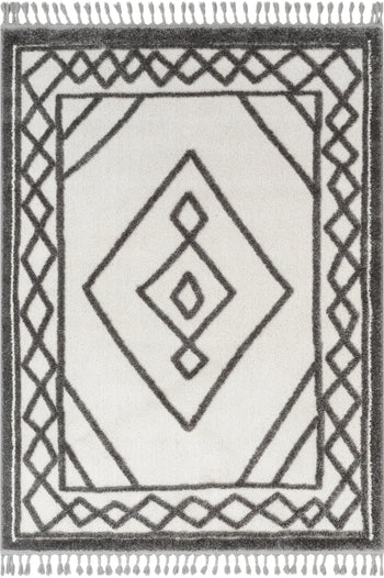 Everly Tribal Trellis Diamond Pattern Ivory Grey High-Low Textured Rug SAL-32