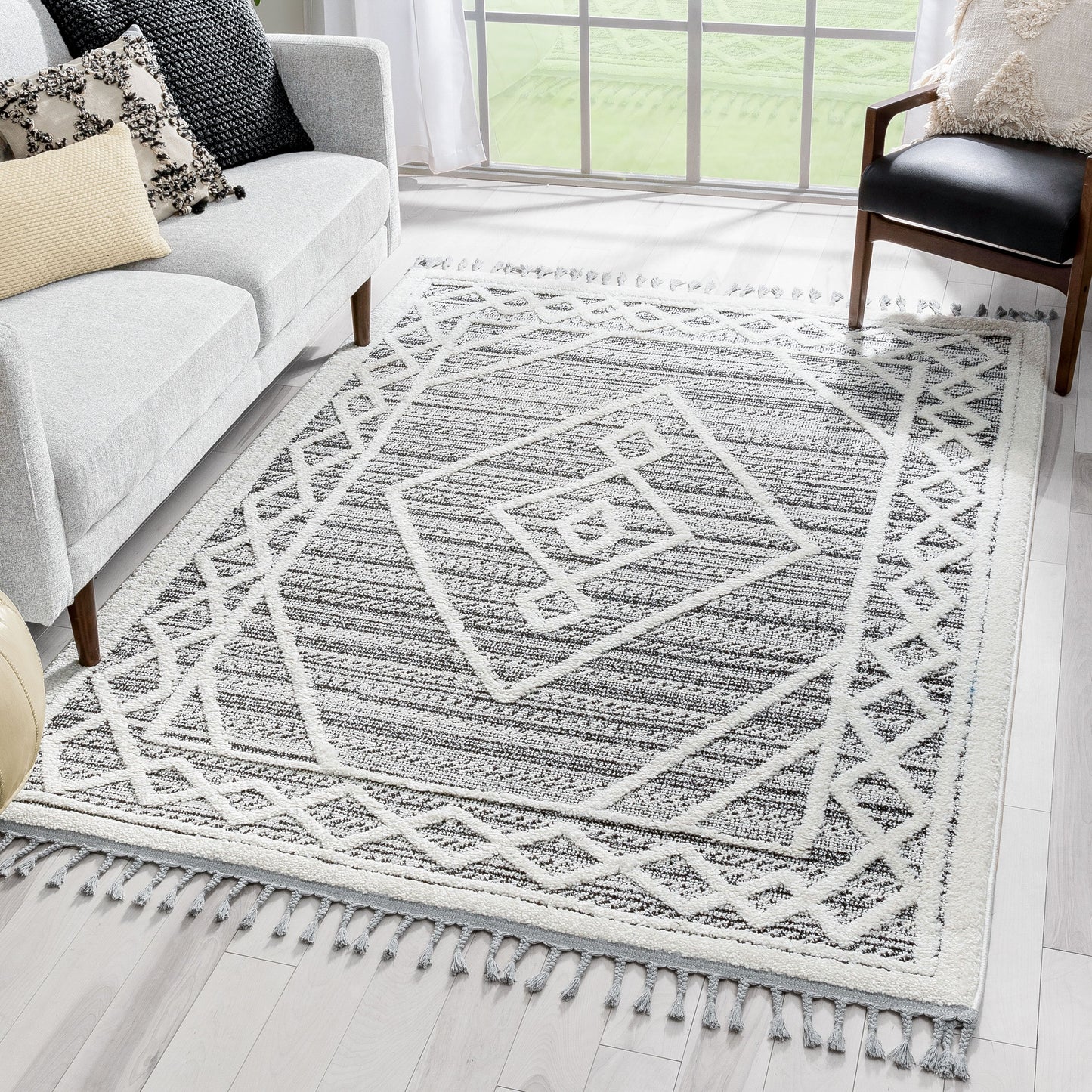 Everly Tribal Trellis Diamond Pattern Black High-Low Textured Rug SAL-33