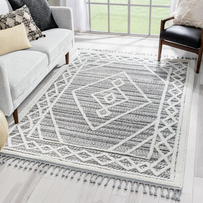 Everly Tribal Trellis Diamond Pattern Black High-Low Textured Rug SAL-33