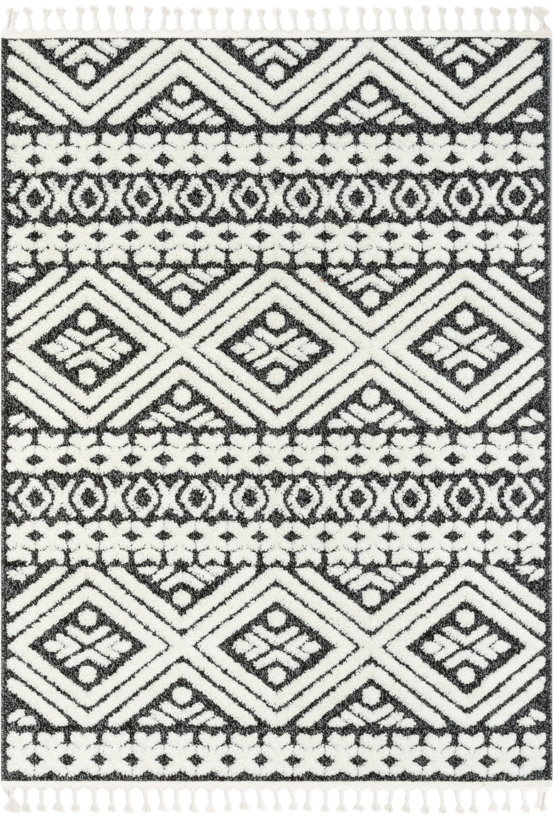 Eliana Tribal Geometric Chevron pattern Dark Grey White High-Low Textured Rug SAL-57