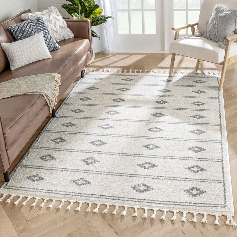 Parallel Moroccan Tribal Diamond Pattern Ivory Grey Rug SE-242