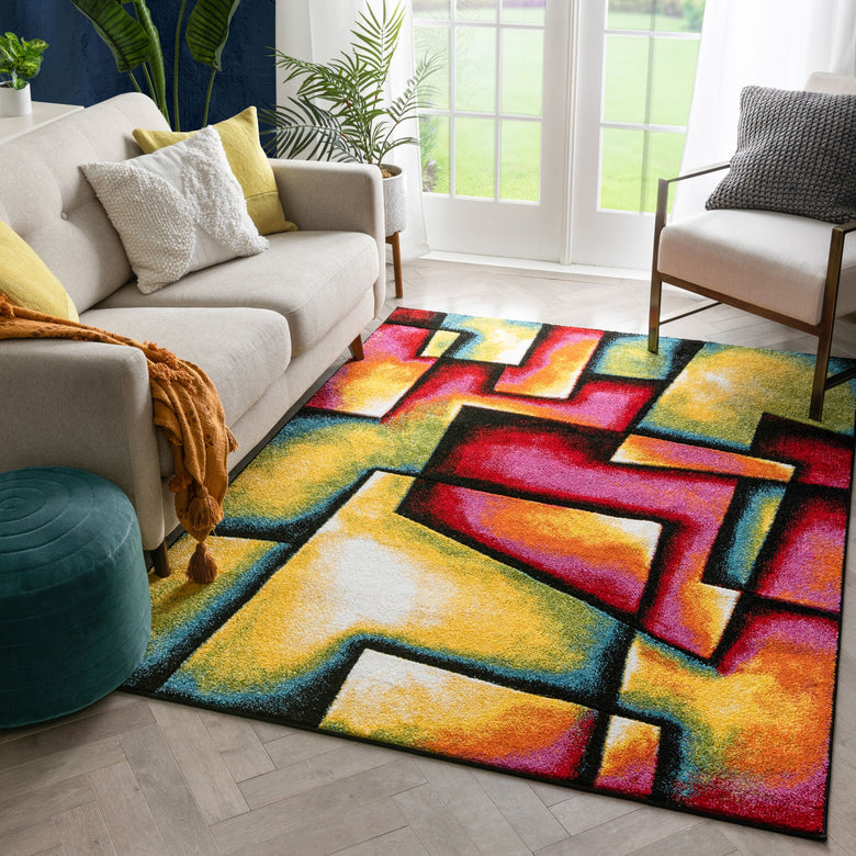 Fortune Contemporary Abstract Geometric Boxes Multi Hand-Carved Rug SEV-11