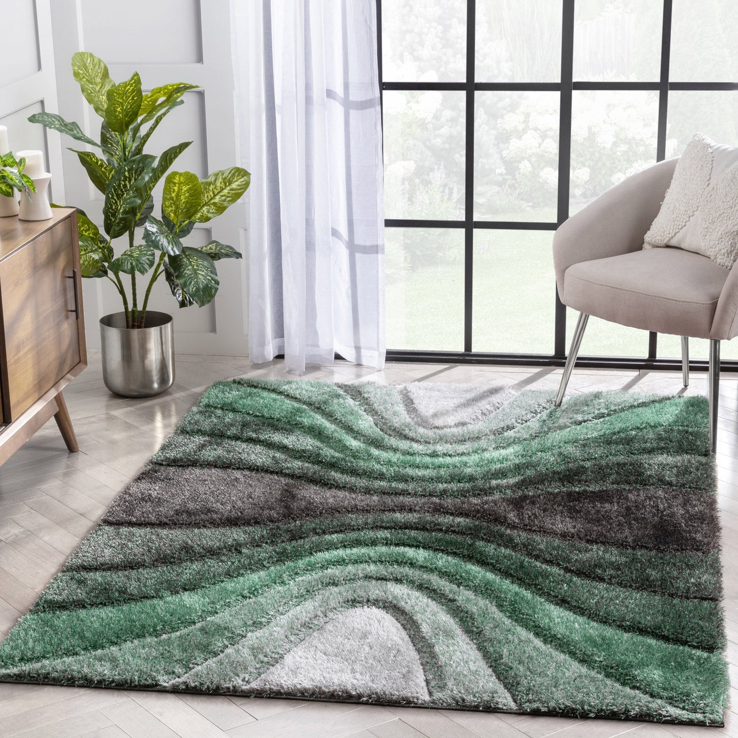 Luz Modern Geometric Green 3D Textured Thick & Soft Shag Rug SF-165