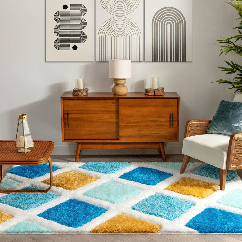 Posh Blue Modern Geometric 3D Textured Shag Rug SF-34