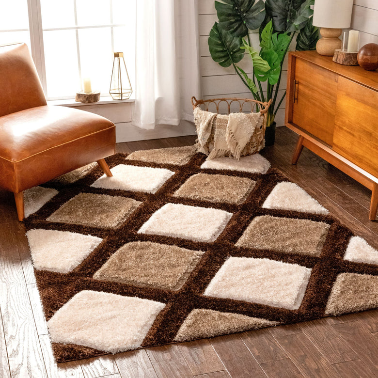 Posh Brown Modern Geometric 3D Textured Shag Rug SF-37