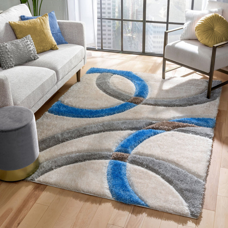 Bevel Modern Geometric Arcs & Shapes Shag Light Blue Grey 3D Textured Thick & Soft Shag Rug SF-86