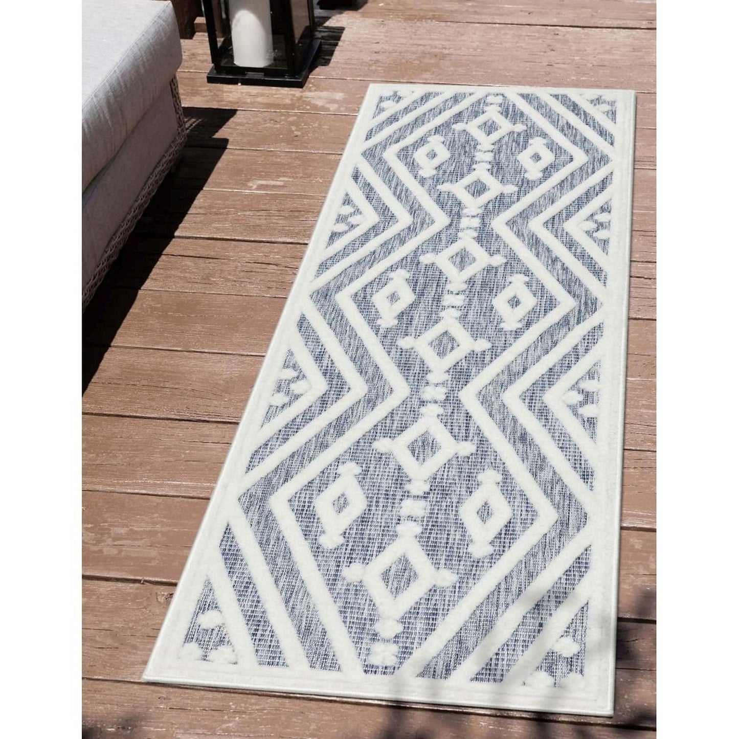Mali Tribal Diamond Pattern Indoor/Outdoor Blue High-Low Rug SIL-34