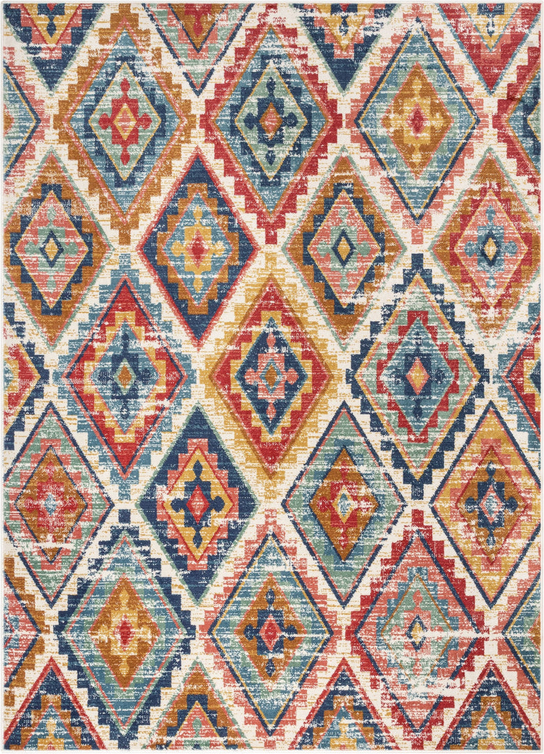 Meridian Southwestern Diamond Pattern Blue Red Distressed Rug TU-204