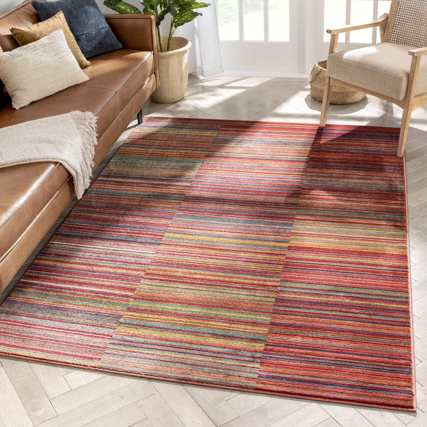 Nampa Tribal Stripes Geometric Pattern Red Distressed Rug TU-210