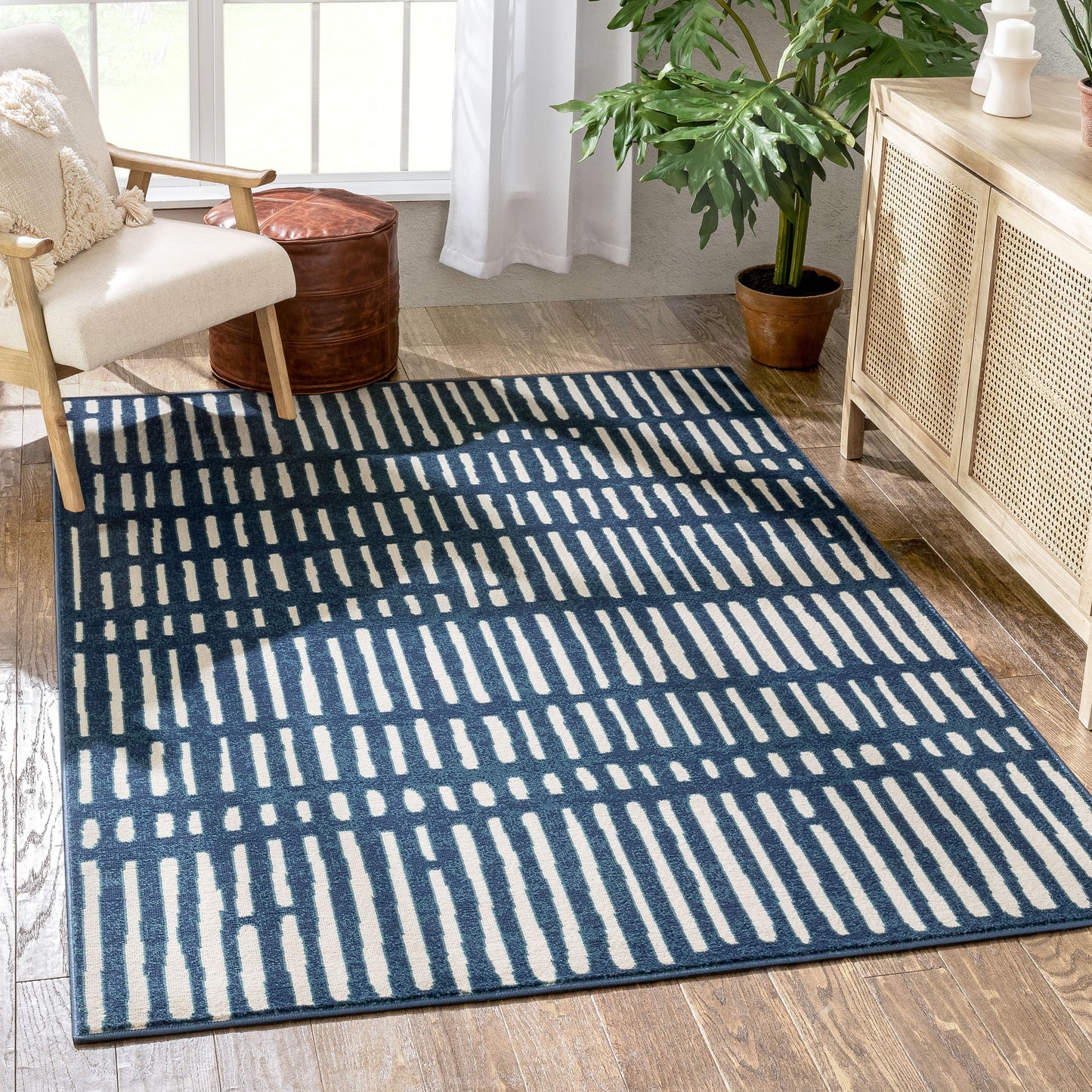 Wilder Tribal Geometric Stripes Blue Distressed Rug TU-264