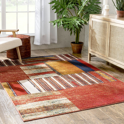 Hauser Tribal Patchwork Red Ivory Distressed Rug TU-330