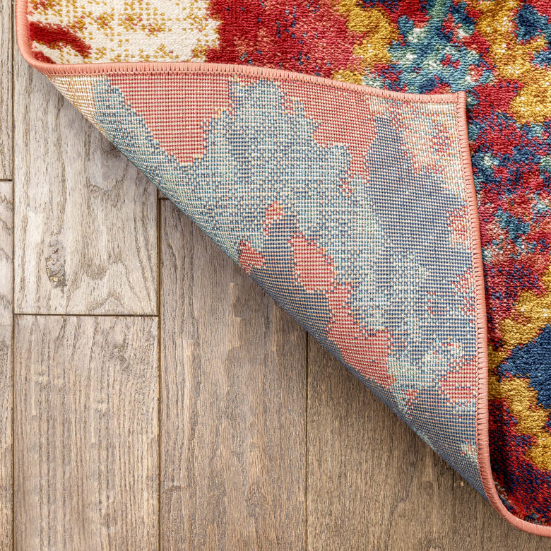Basalt Moroccan Geometric Waves Blue Red Distressed Rug TU-344
