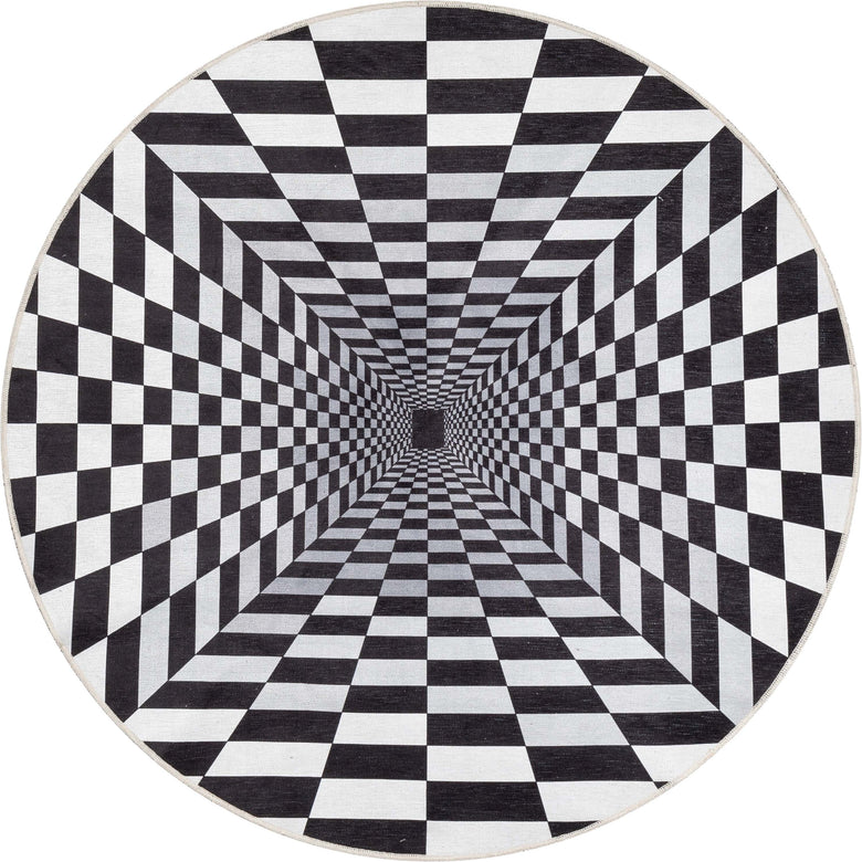 Optical Illusion 3D Bottomless Hole Black Ivory Flat-Weave Washable Area Rug W-AP-03A