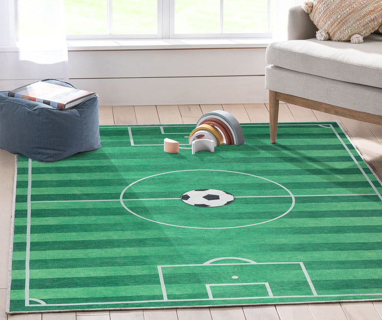 Soccer Field Modern Green Flat-Weave Washable Kids Rug W-KD-04A