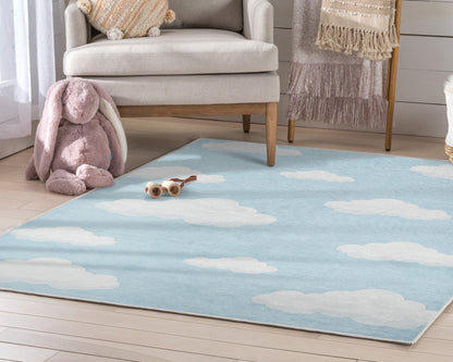 Cloud 9 Modern Blue Flat-Weave Washable Kids Rug W-KD-07J