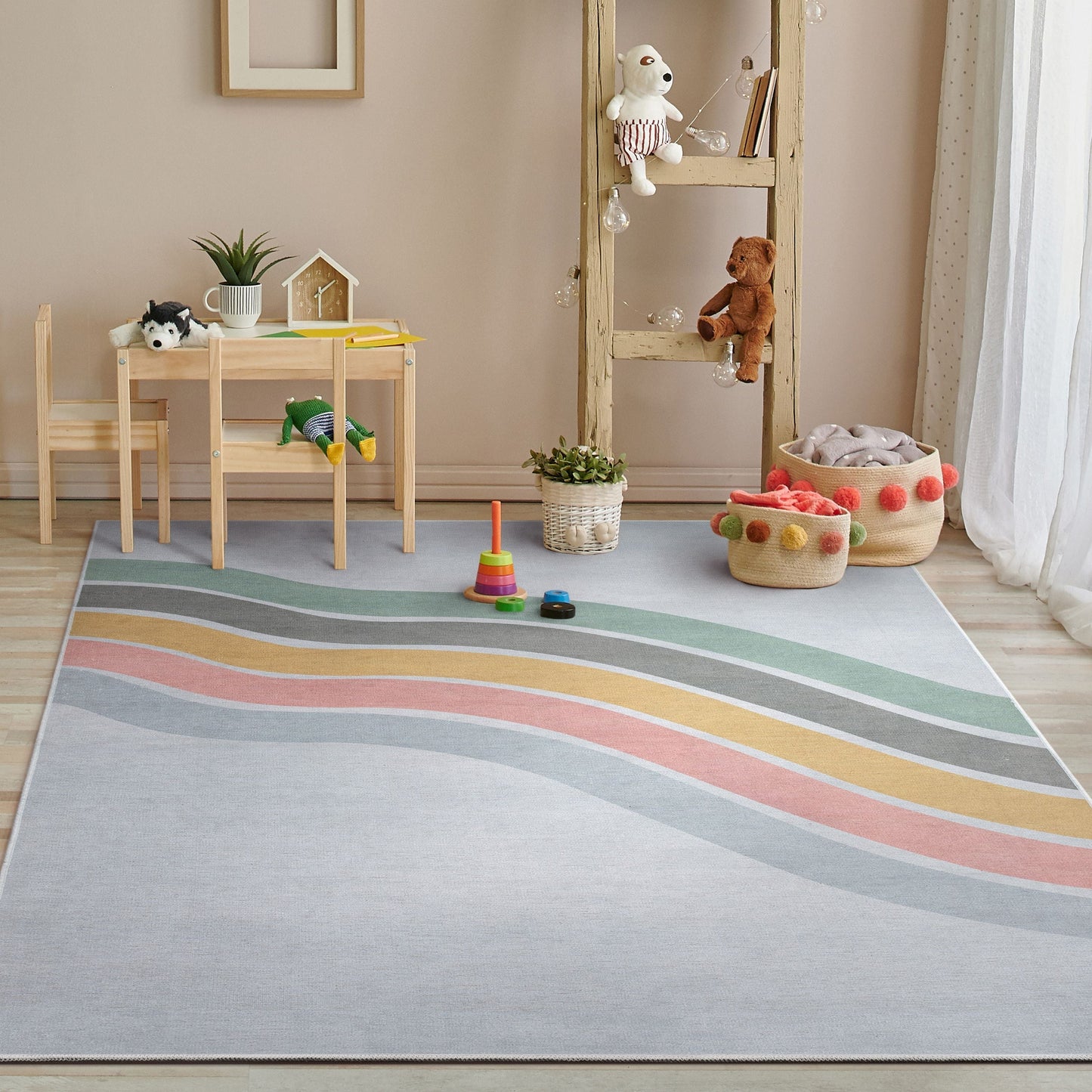 Curved Rainbow Modern Multi Color Flat-Weave Washable Area Rug W-KD-12B