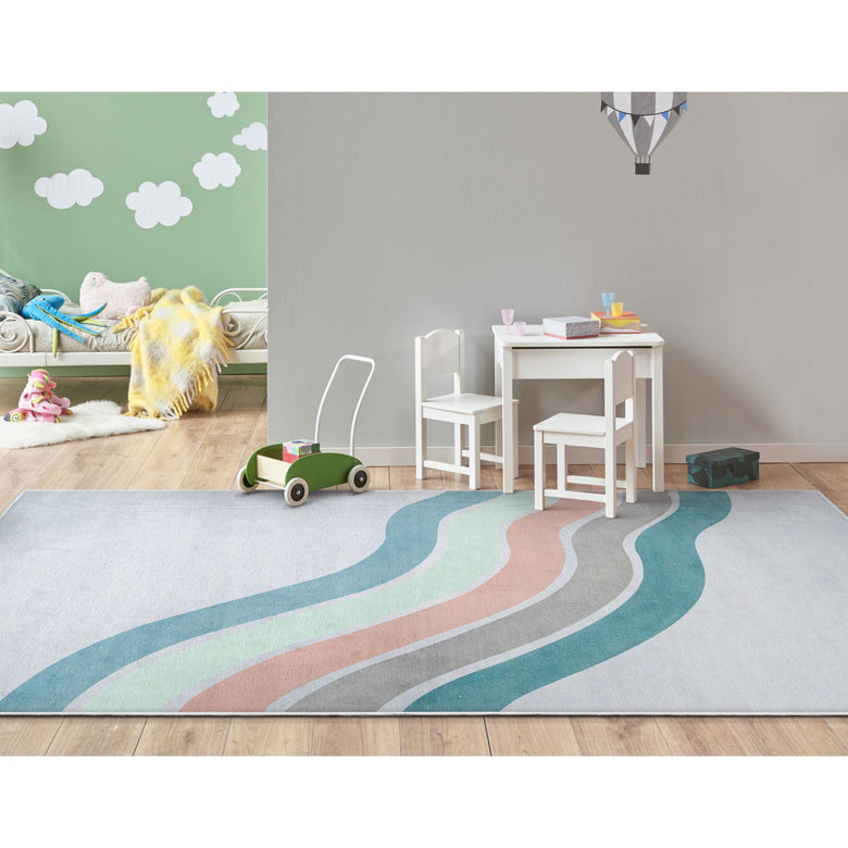 Curved Rainbow Modern Multi Color Green Flat-Weave Washable Area Rug W-KD-12D